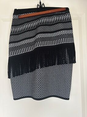 Joseph Ribkoff Black and White Midi Fringe Pencil Skirt
